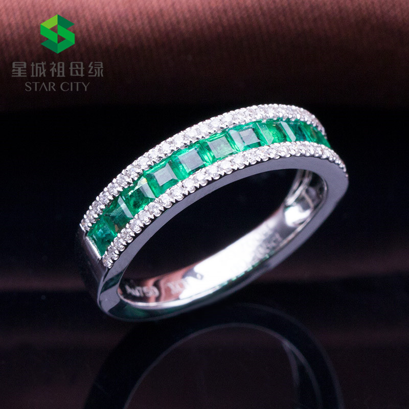 白18K金祖母绿钻戒0.737ct/12p 钻石祖母绿排镶戒指