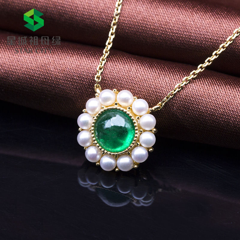 黄18K金祖母绿珍珠链牌1.18ct 蛋面珍珠项链