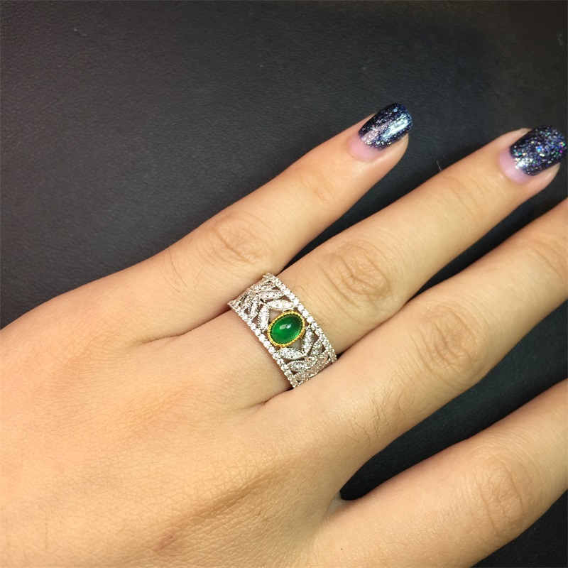 白18K金祖母绿钻戒0.427ct 天然蛋面宝石戒指
