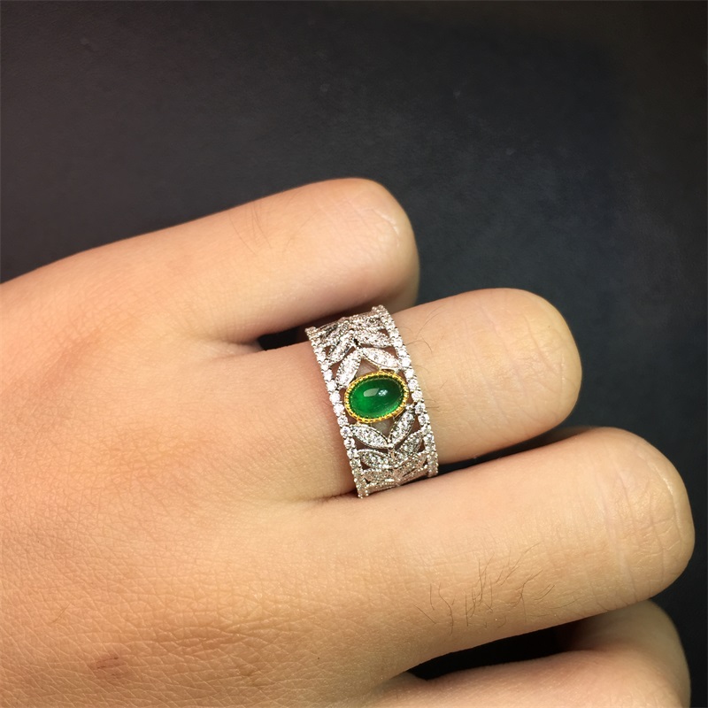 白18K金祖母绿钻戒0.427ct 天然蛋面宝石戒指