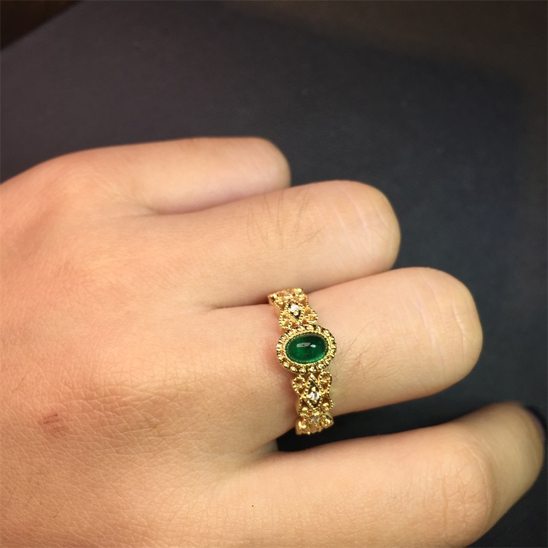 黄18K金祖母绿钻戒0.439ct 天然素面祖母绿宝石戒指