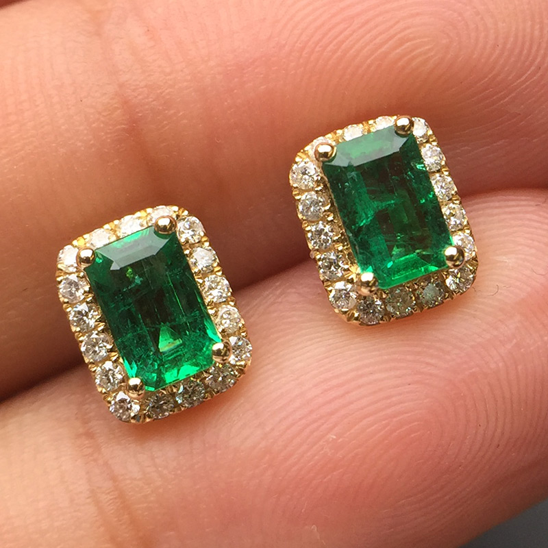 黄18K金祖母绿耳钉1.05ct/2p