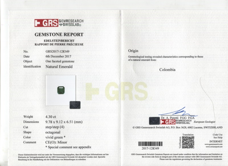 哥伦比亚 祖母绿裸石4.3克拉 GRS muzo vivid green Minor