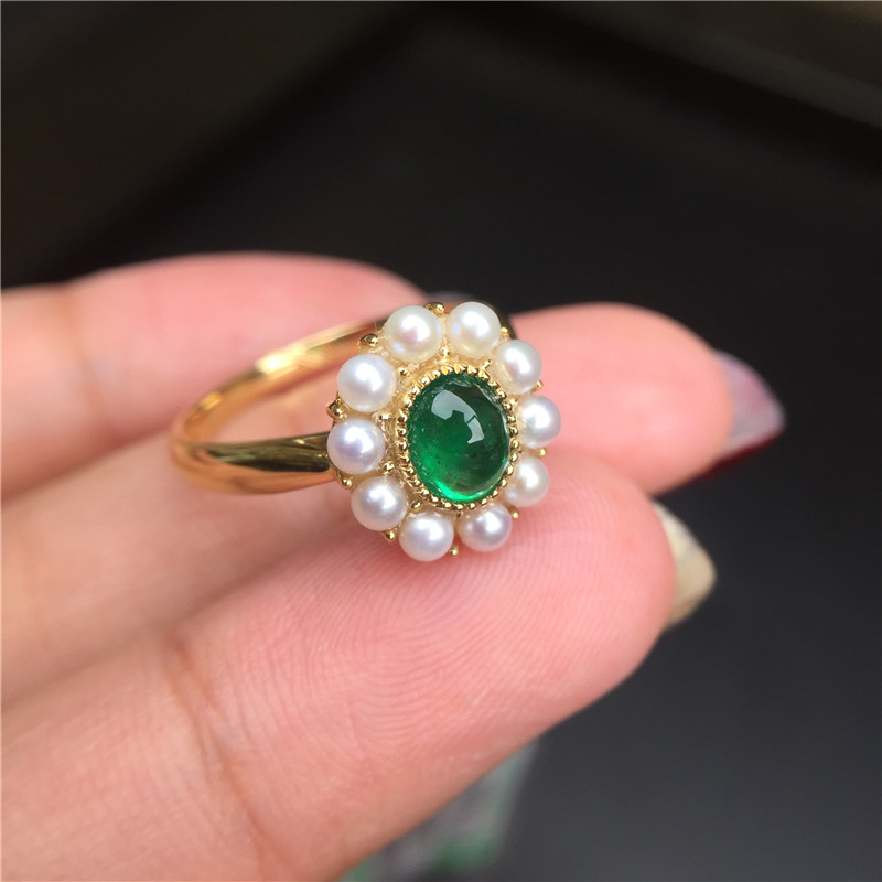 黄18k金祖母绿珍珠戒指0.613ct