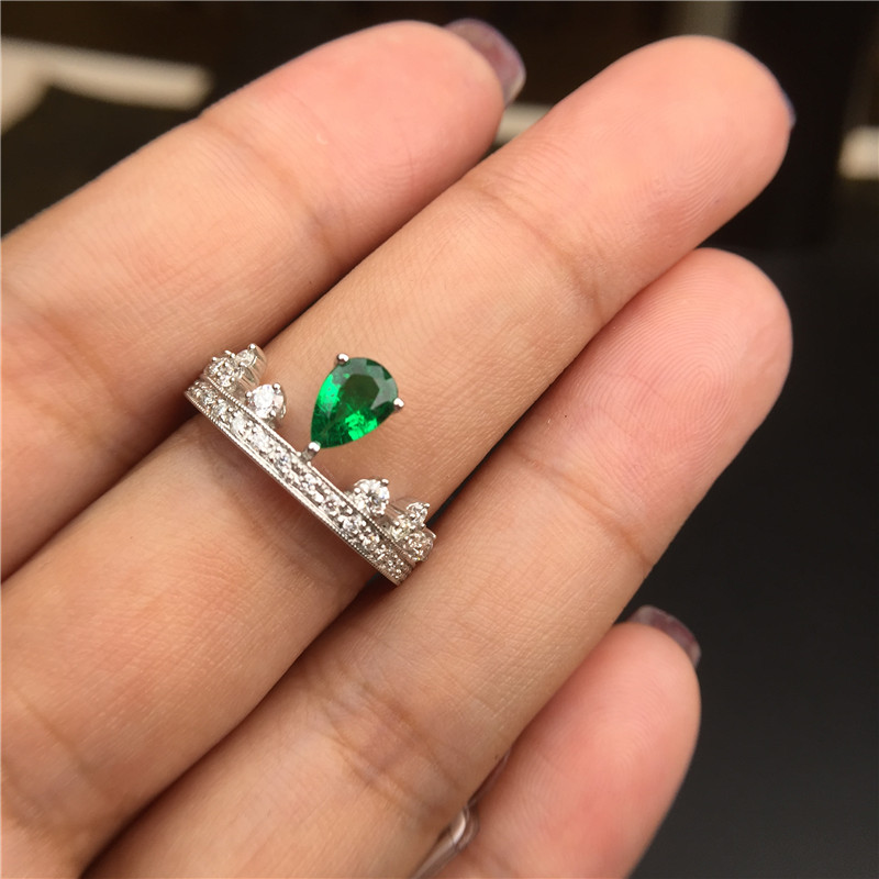 白18K祖母绿戒EM:0.442ct 水滴型皇冠戒指