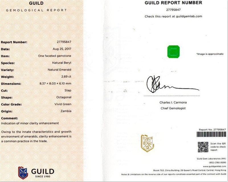 赞比亚祖母绿裸石 2.89ct Vivid Green Minor