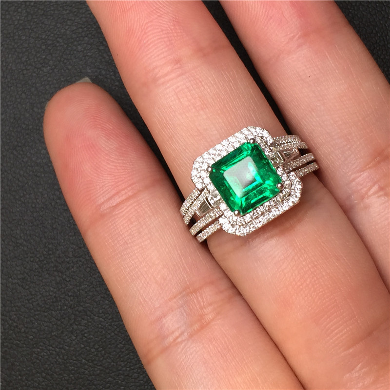 白18K金祖母绿钻戒2.75ct 高净度 电光绿宝石戒