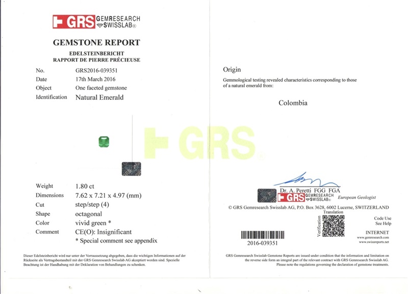 哥伦比亚 祖母绿裸石1.805克拉 GRS vivid muzo insig 几乎无油 木佐绿