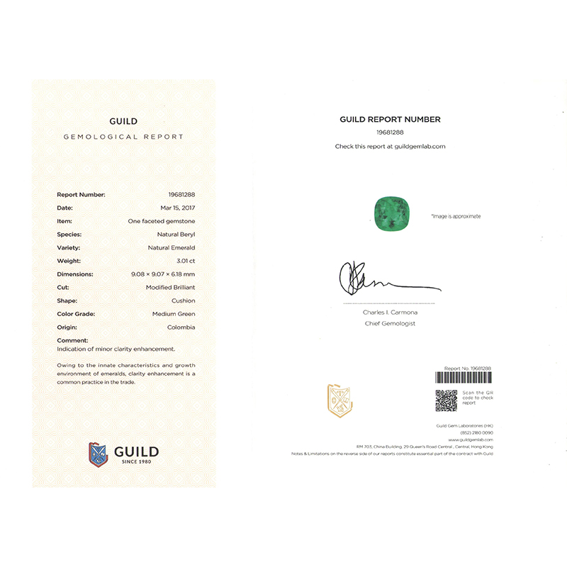 垫型祖母绿裸石3.01ct  哥伦比亚  MEDIUM GREEN