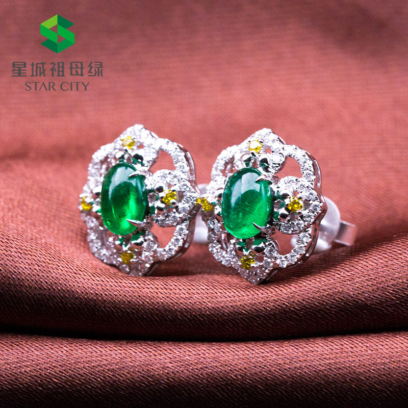 白18k金祖母绿黄钻耳钉0.91ct/2p