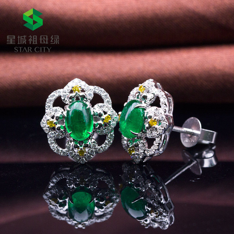 白18k金祖母绿黄钻耳钉0.91ct/2p