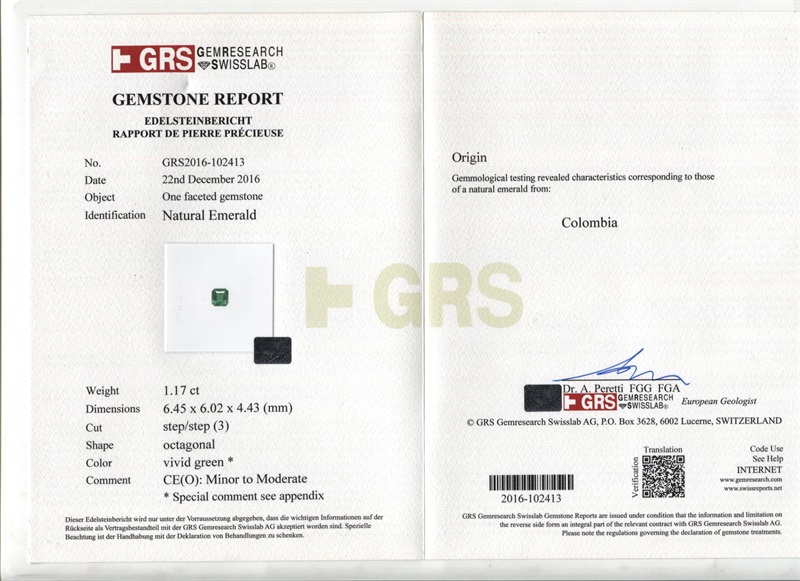 哥伦比亚 祖母绿裸石1.17ct GRS vivid muzo minor to moderate